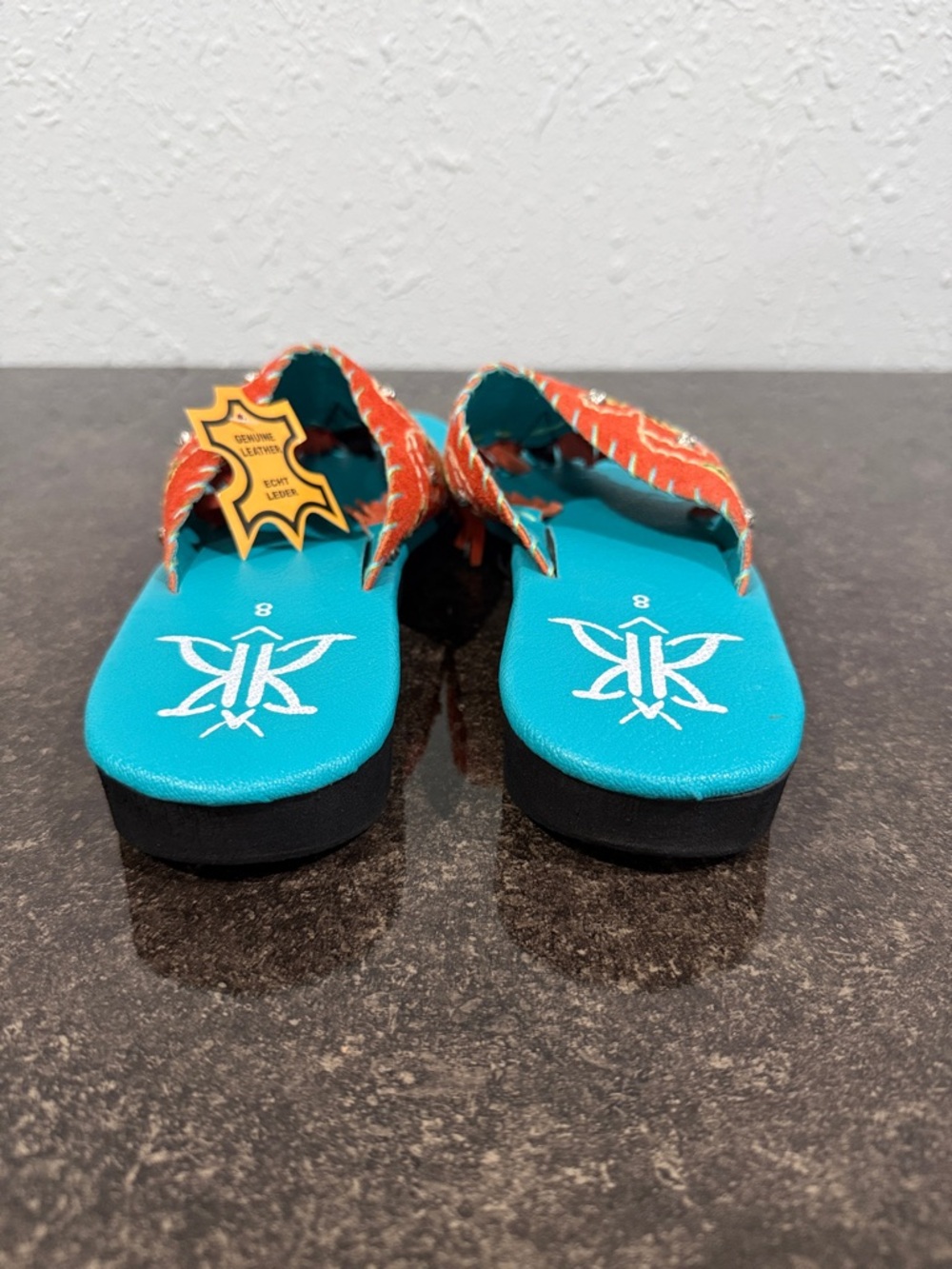 Turquoise Footbed Sandal with Orange Fringe Embroidery and Concho Studs Size 8 - Picture 4 of 9